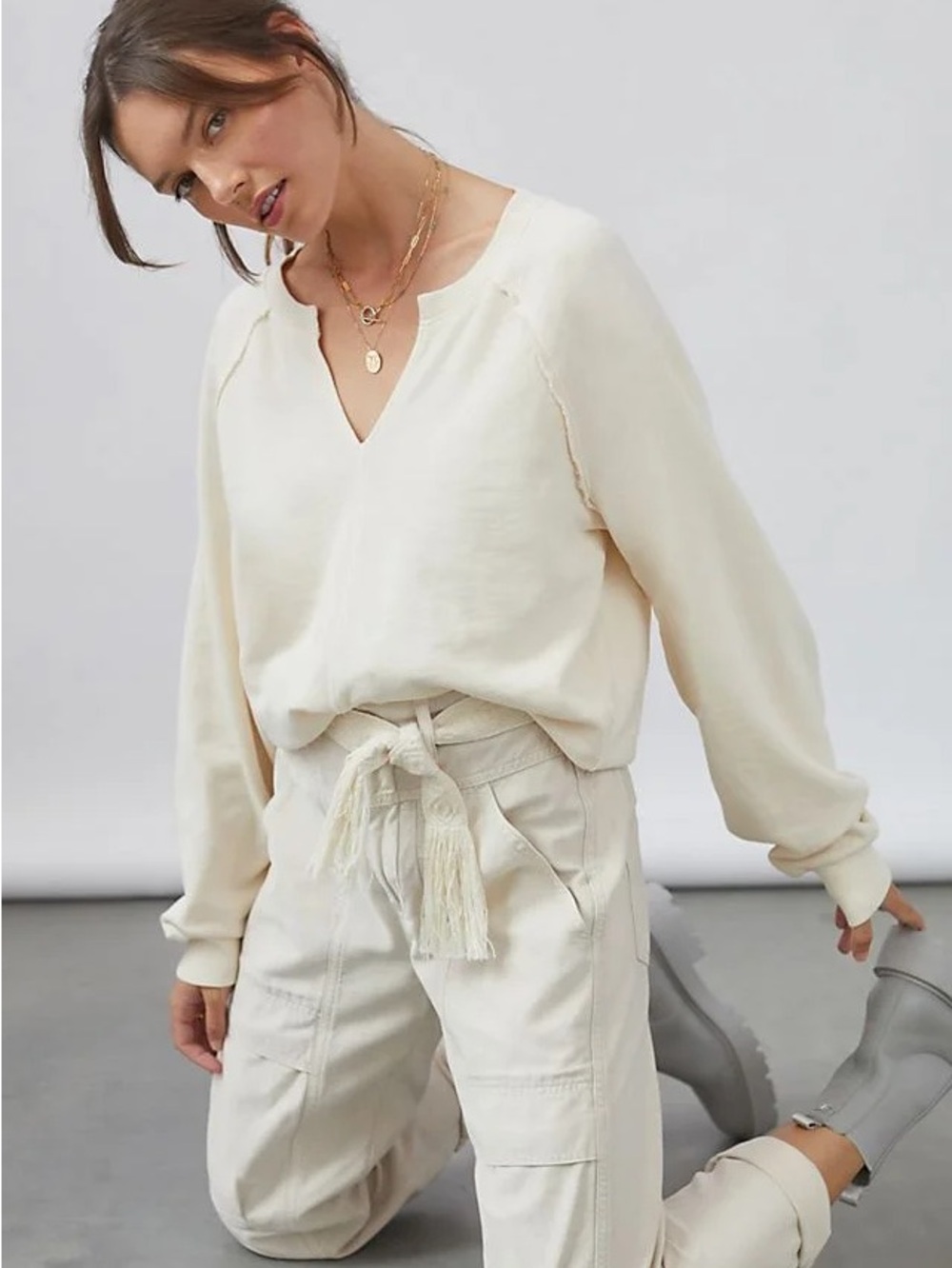 Pilero Anthropologie Puff Sleeve Crewneck Cream Sweatshirt Size Medium